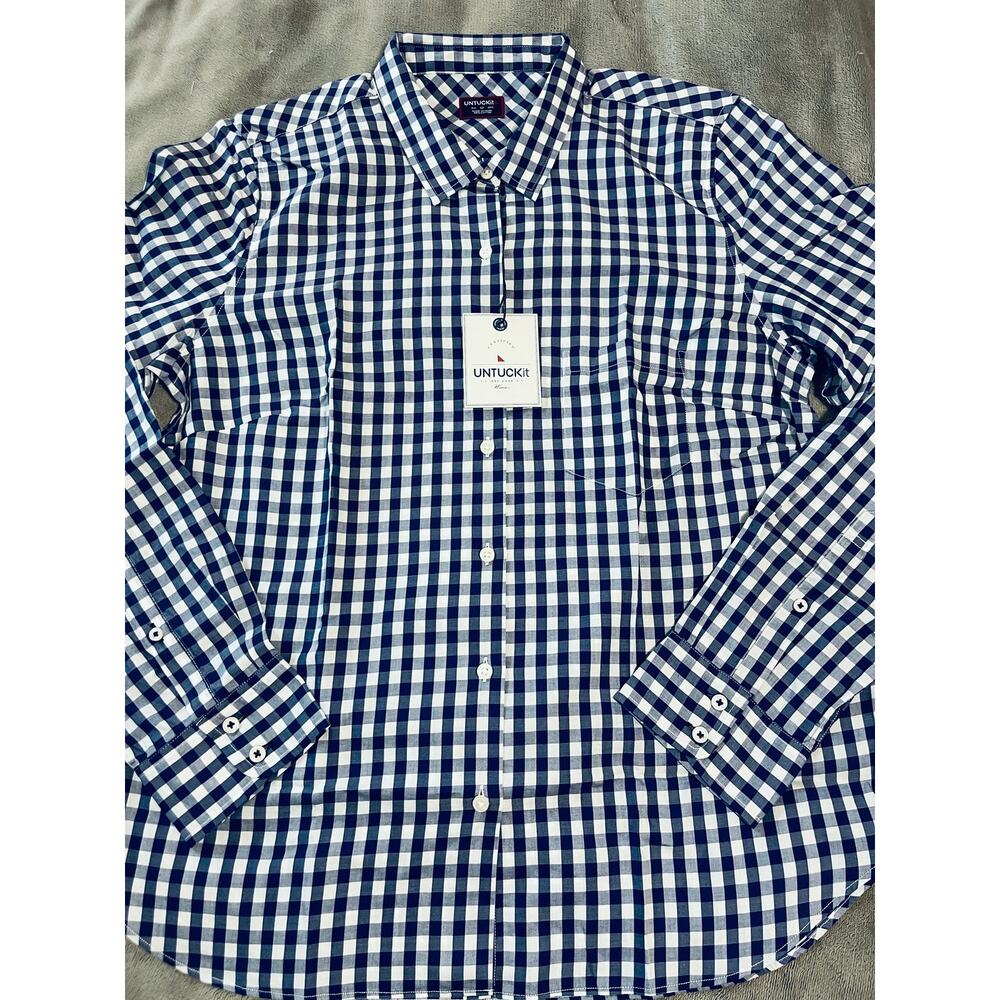 NWT UNTUCKit Cotton Navy Blue White Plaid Button Up Shirt Causal Country Belleza - Picture 3 of 6